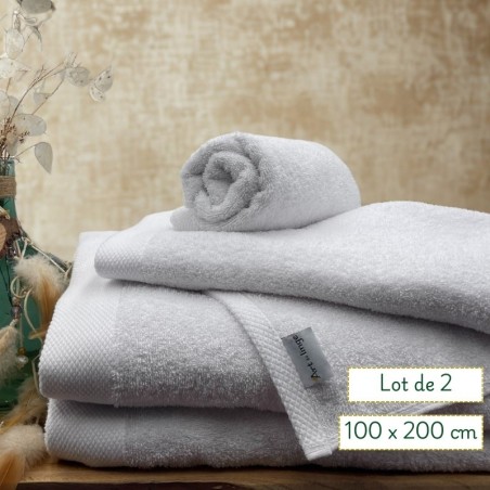 Drap de bain coton blanc - Serviette spa sortie de douche 100x200 - Lot de 2