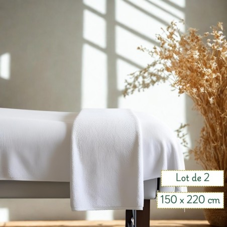Drap de Table de massage / maxi serviette eponge - 150 x 220 blanc coton - Lot de 2