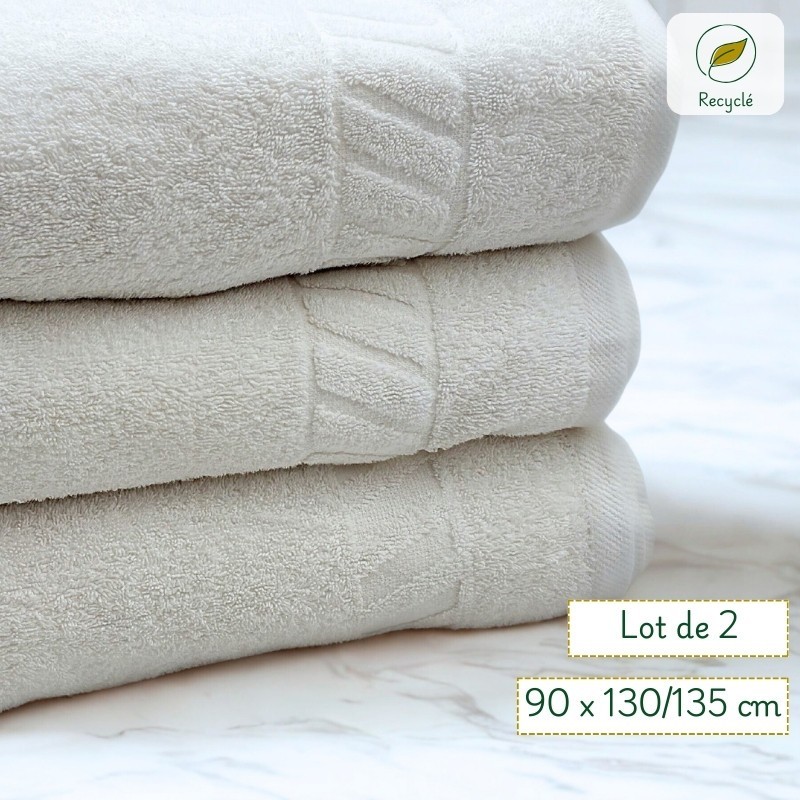 Serviette hôtel blanche 90 x130 / 135 cm – Maxi drap de bain professionnel recyclé - lot de 2 Serviette hôtel blanche 90 x130 / 135 cm – Maxi drap de bain professionnel recyclé - lot de 2